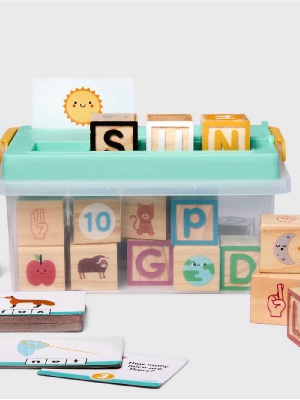 Wooden Alphabet & Picture Learning Blocks - Aqua Green